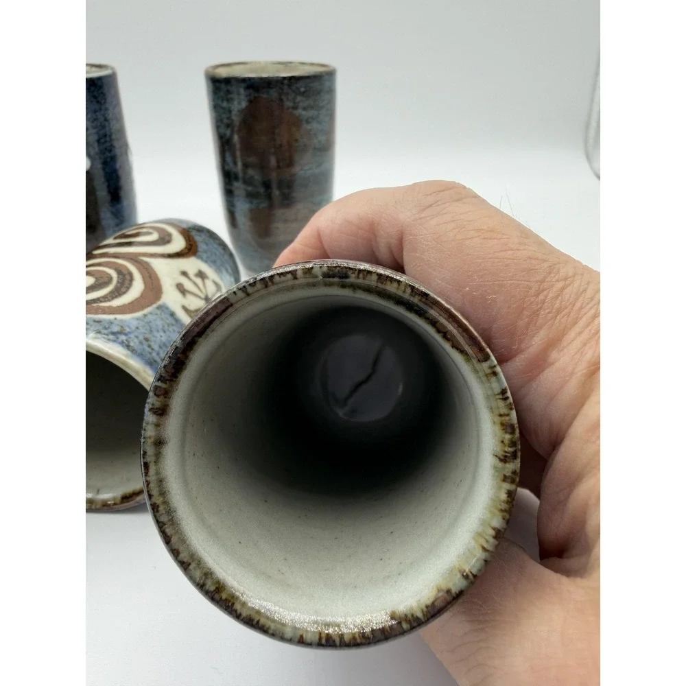 Studio Pottery Stoneware‎ Yunomi Tea Cups Set of 6 Blue Glaze Hand Painted Decor